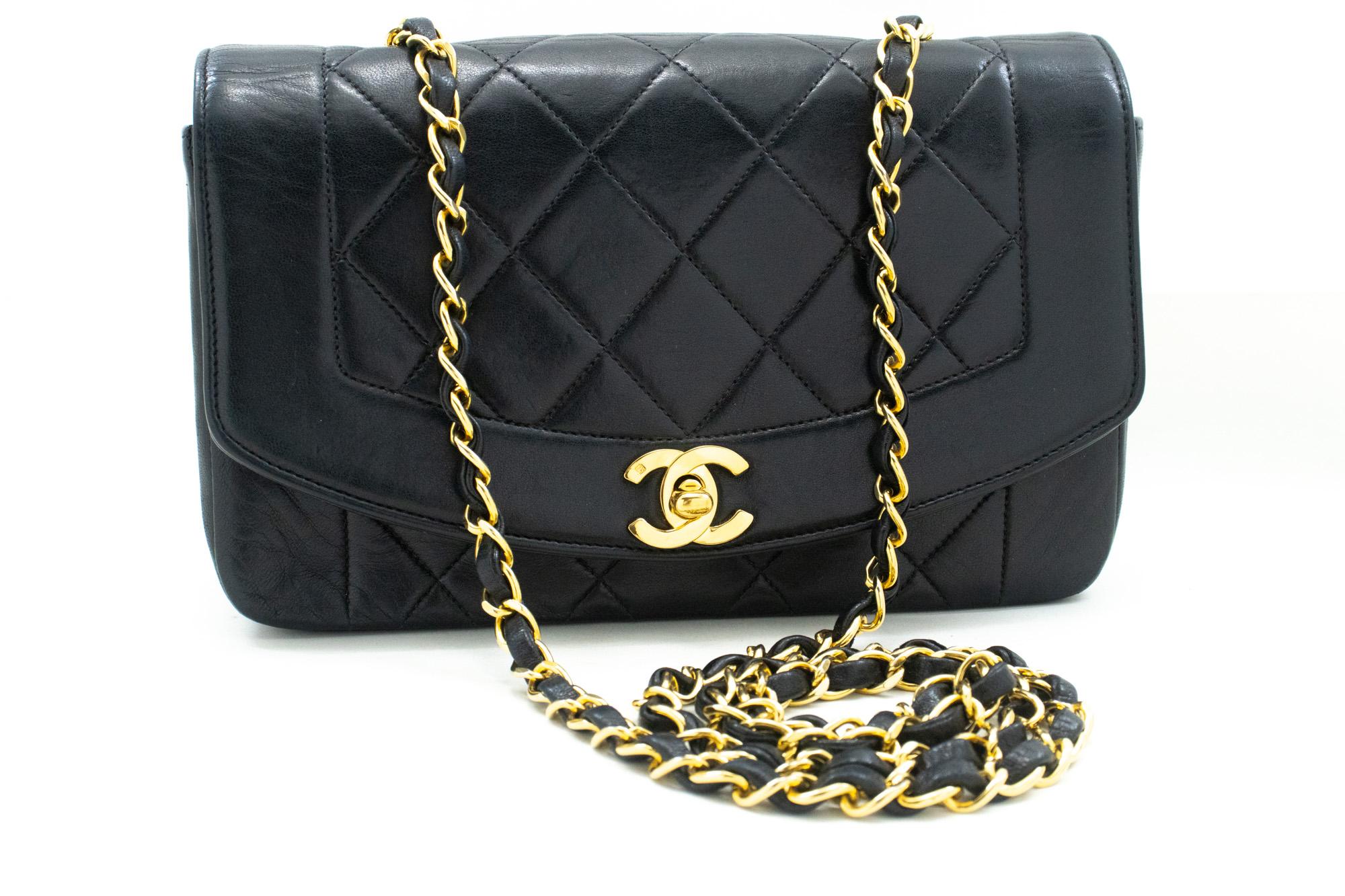 An authentic CHANEL Diana Flap Chain Shoulder Bag Black Quilted made of black Lambskin Purse. The color is Black. The outside material is Leather. The pattern is Solid. This item is Vintage / Classic. The year of manufacture would be