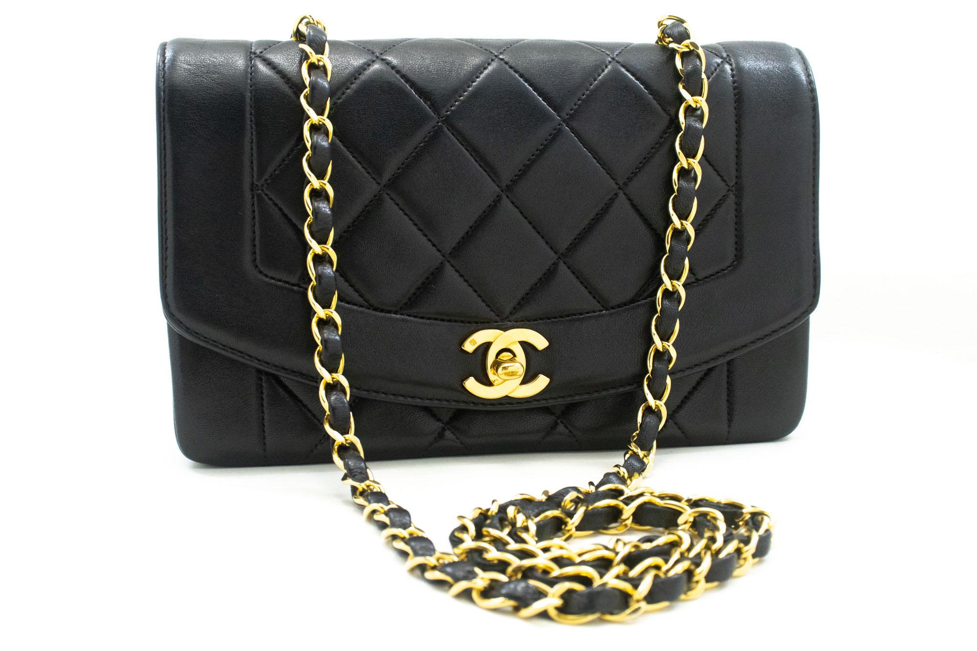 An authentic CHANEL Diana Flap Chain Shoulder Bag Black Quilted made of black Lambskin Purse. The color is Black. The outside material is Leather. The pattern is Solid. This item is Vintage / Classic. The year of manufacture would be