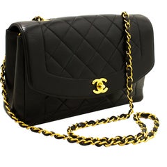 Vintage CHANEL Diana Chain Flap Shoulder Crossbody Bag Black Quilted Lamb