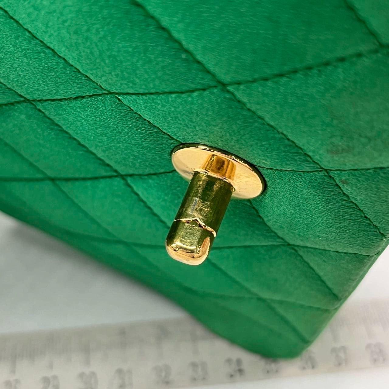 Chanel Diana Flap Bag 1990 Mini Green Silk Satin Bijou Chain 14