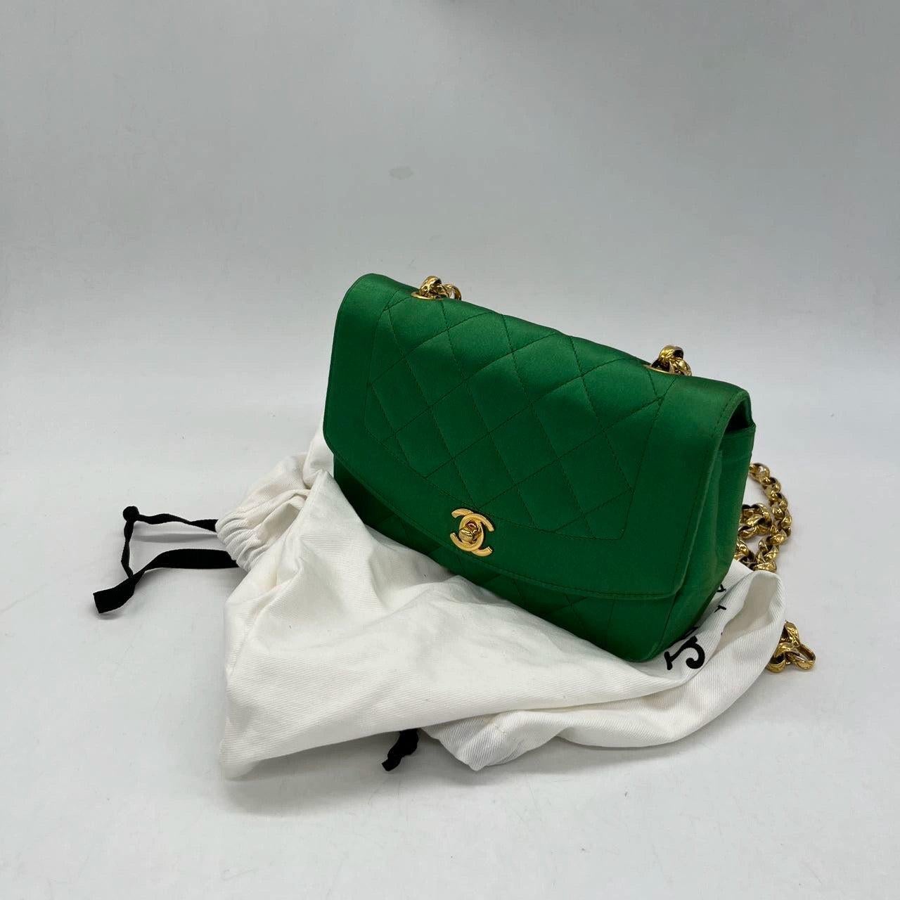 Chanel Diana Flap Bag 1990 Mini Green Silk Satin Bijou Chain 4