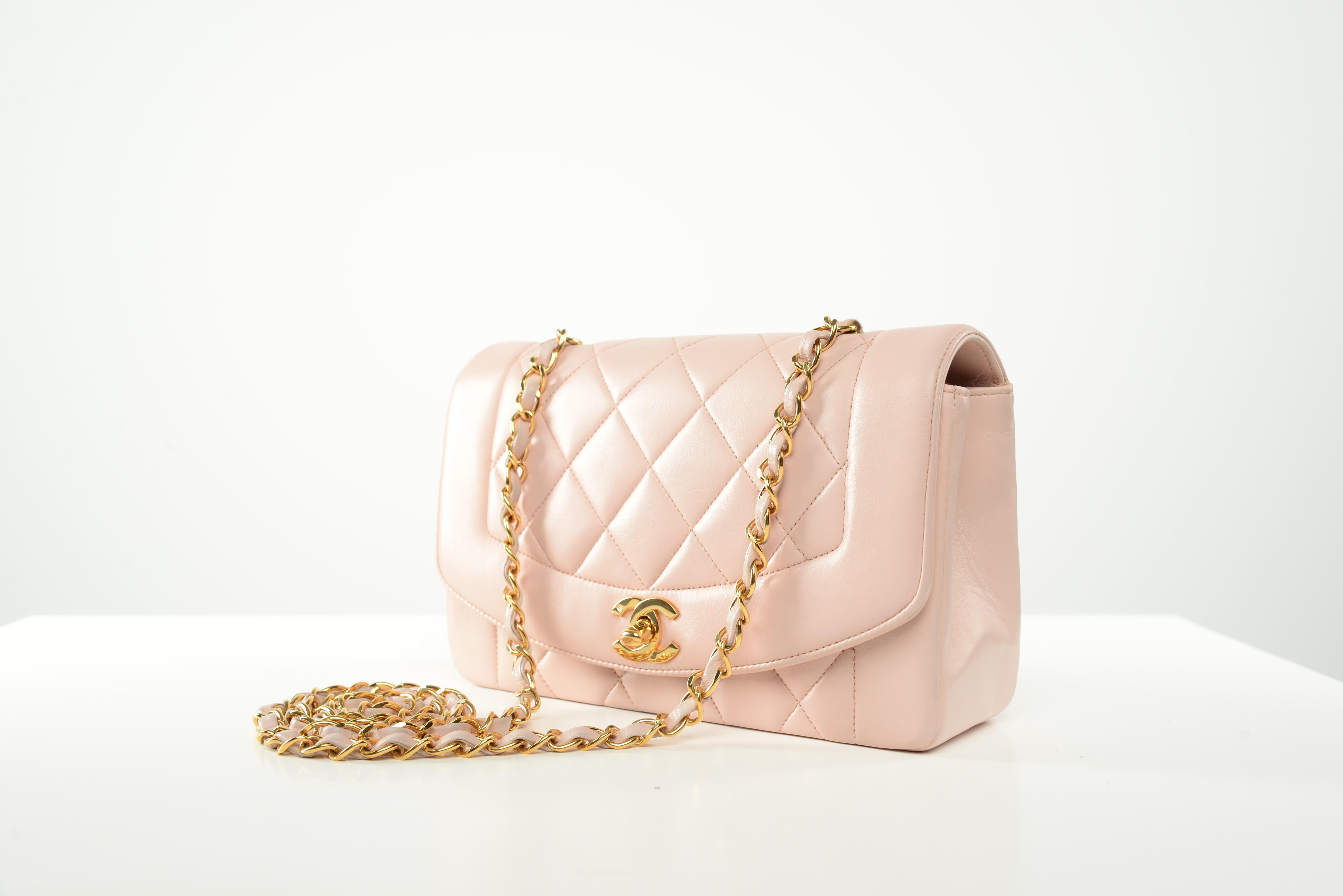 Beige Chanel RARE Diana Quilted Lambskin Baby Pink Gold Hardware Small