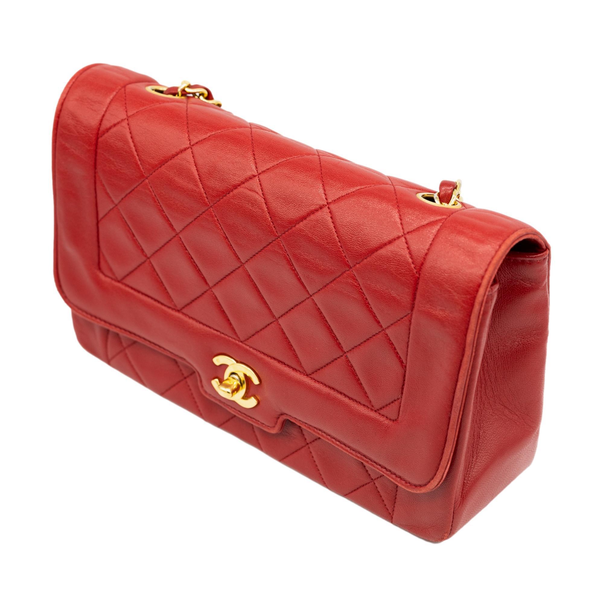 Chanel Diana Quilted Red Lambskin Flap Mademoiselle Chain Shoulder Bag, 1989 - 1990. The iconic Chanel bag was originally issued by Coco Chanel in February 1955 which became the very first socially acceptable shoulder bag for the modern day woman of