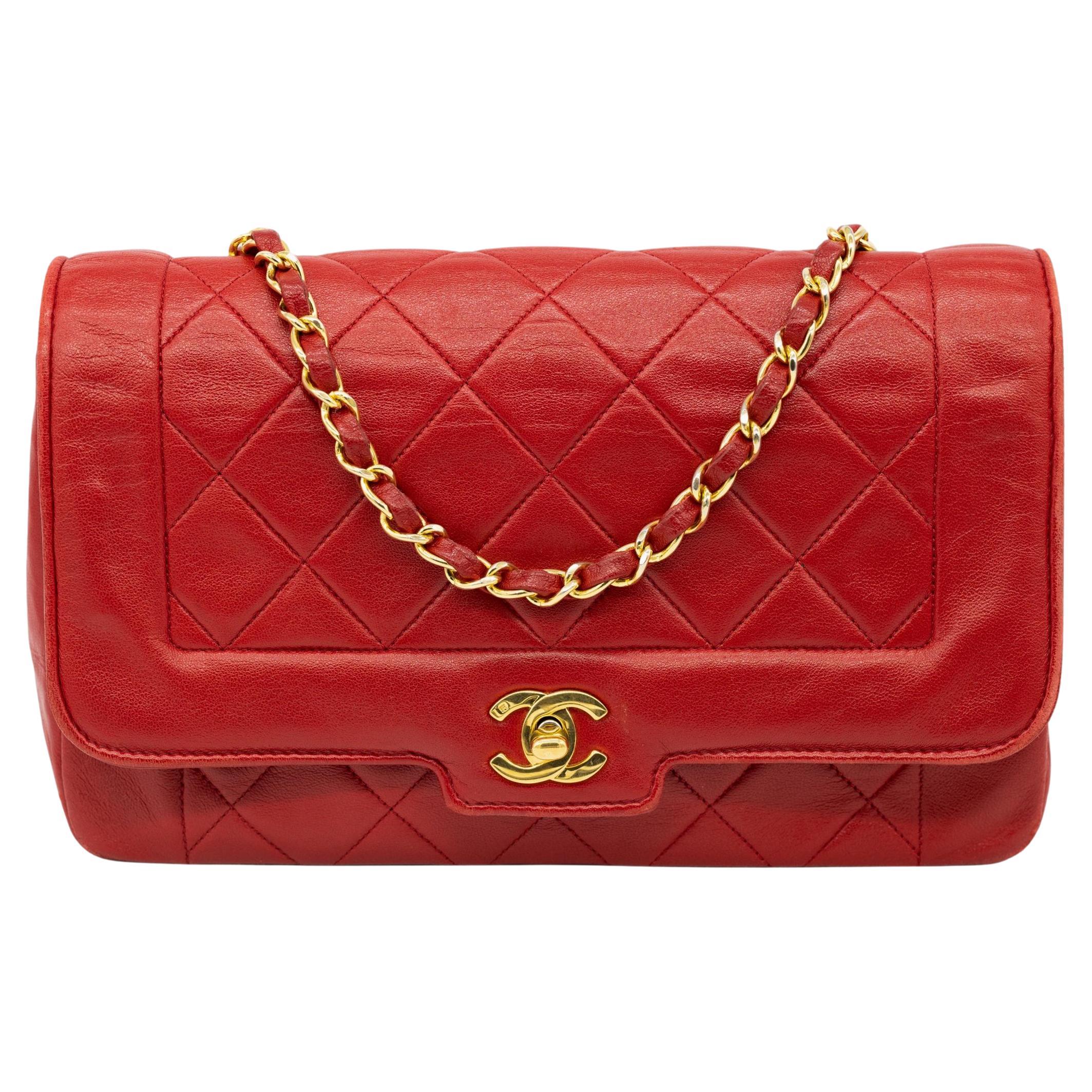 Chanel Diana Quilted Red Lambskin Flap Mademoiselle Chain Shoulder Bag, 1989.