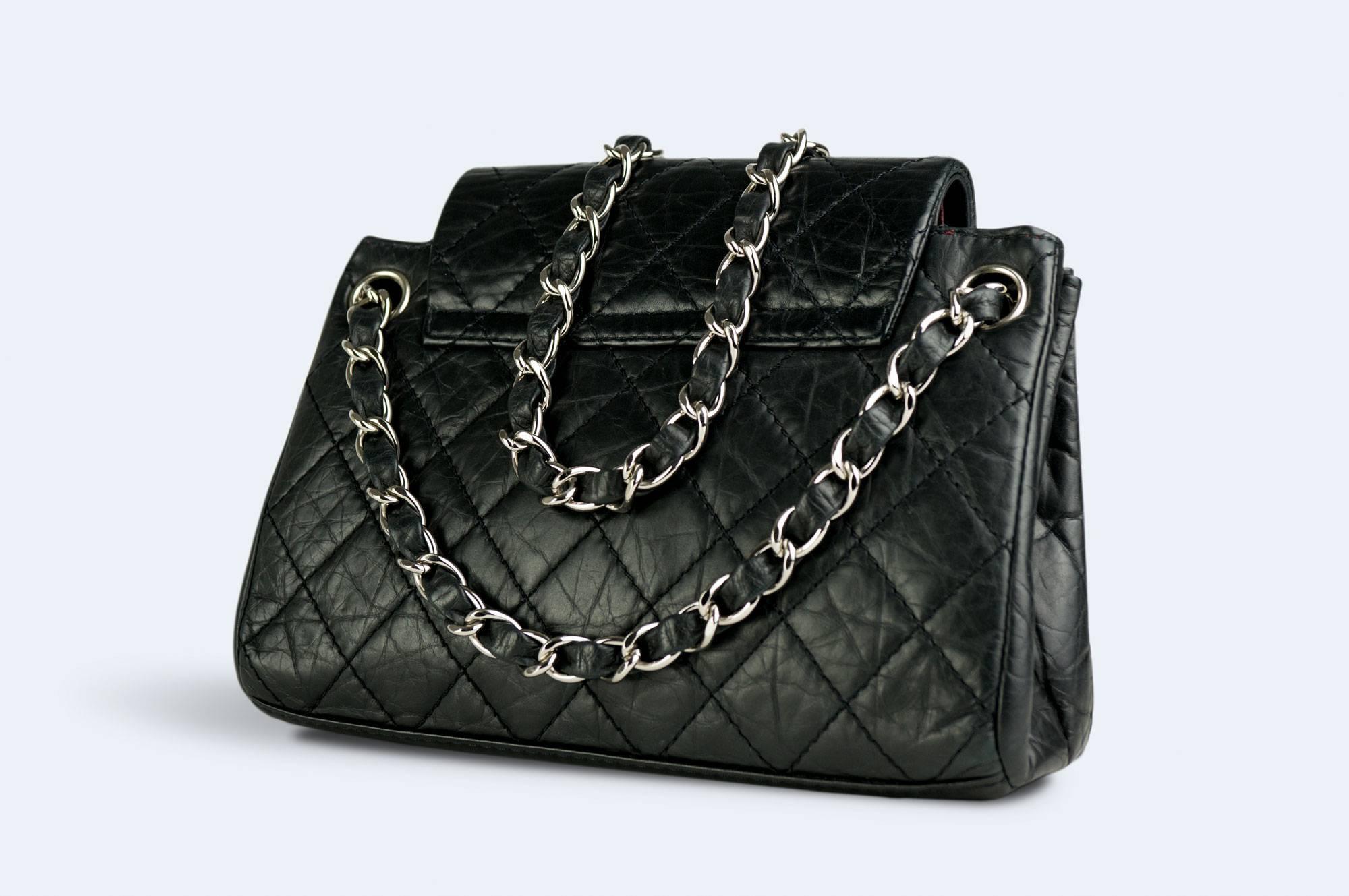 Women's Chanel Distressed Calfskin So Black Classic Double Flap Shoulder Bag For Sale