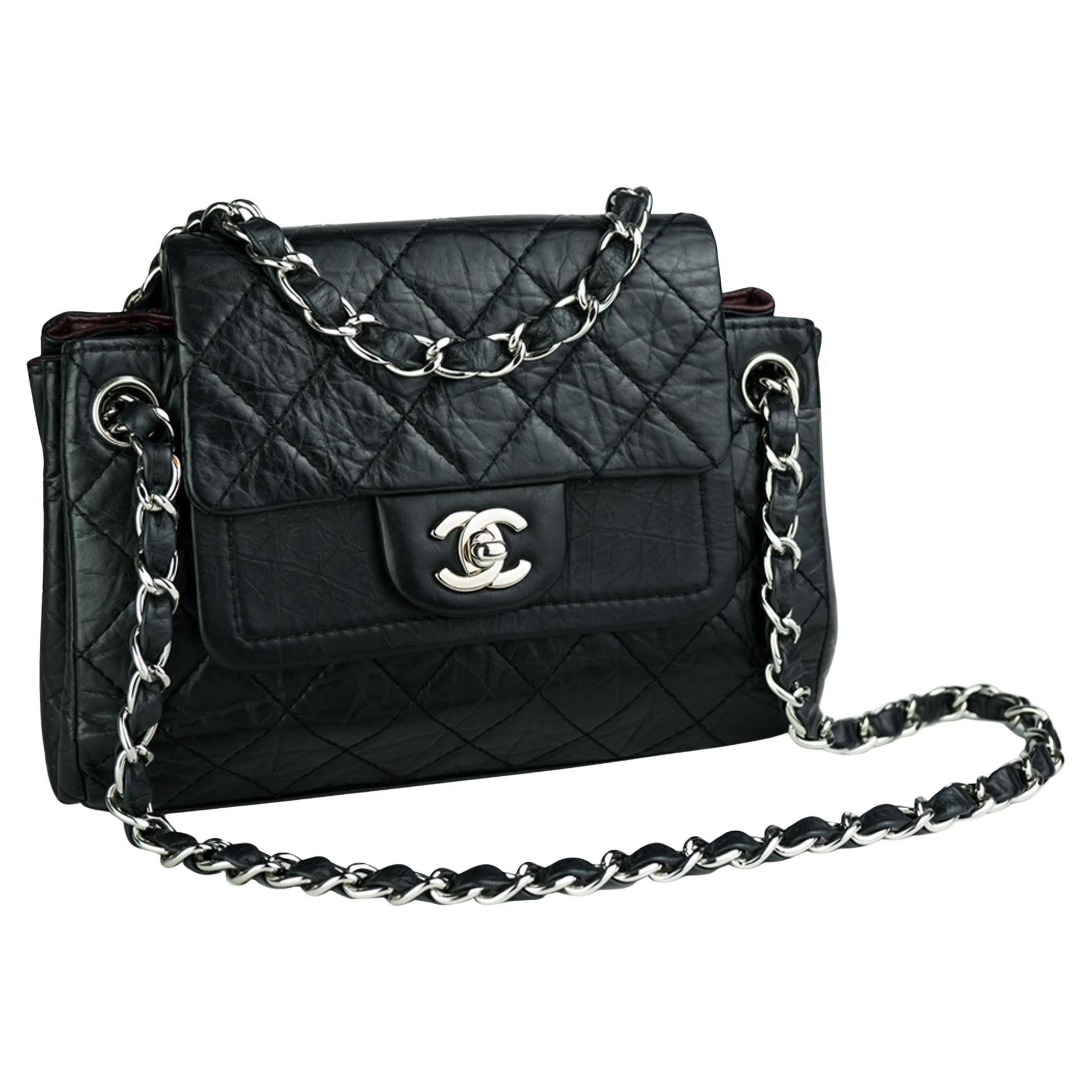 Chanel Distressed Calfskin So Black Classic Double Flap Shoulder Bag For Sale