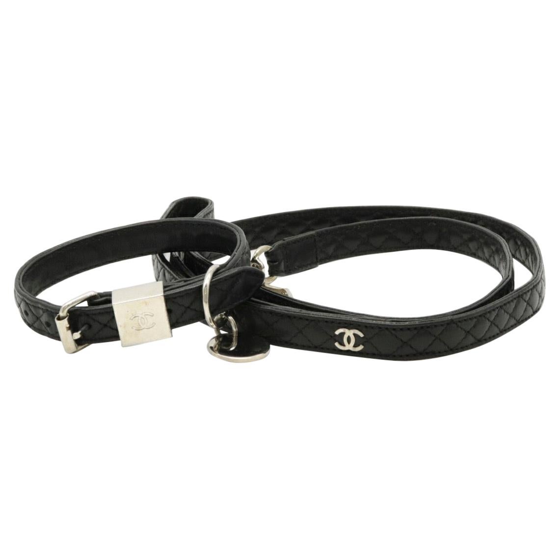 Chanel Dog Black Leather Silver Pet Dog Two Piece Leash and Collar