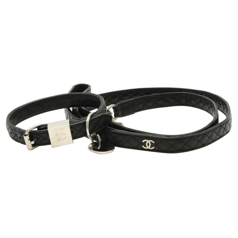 Chanel Dog Black Leather Silver Pet Dog Two Piece Leash and Collar Set