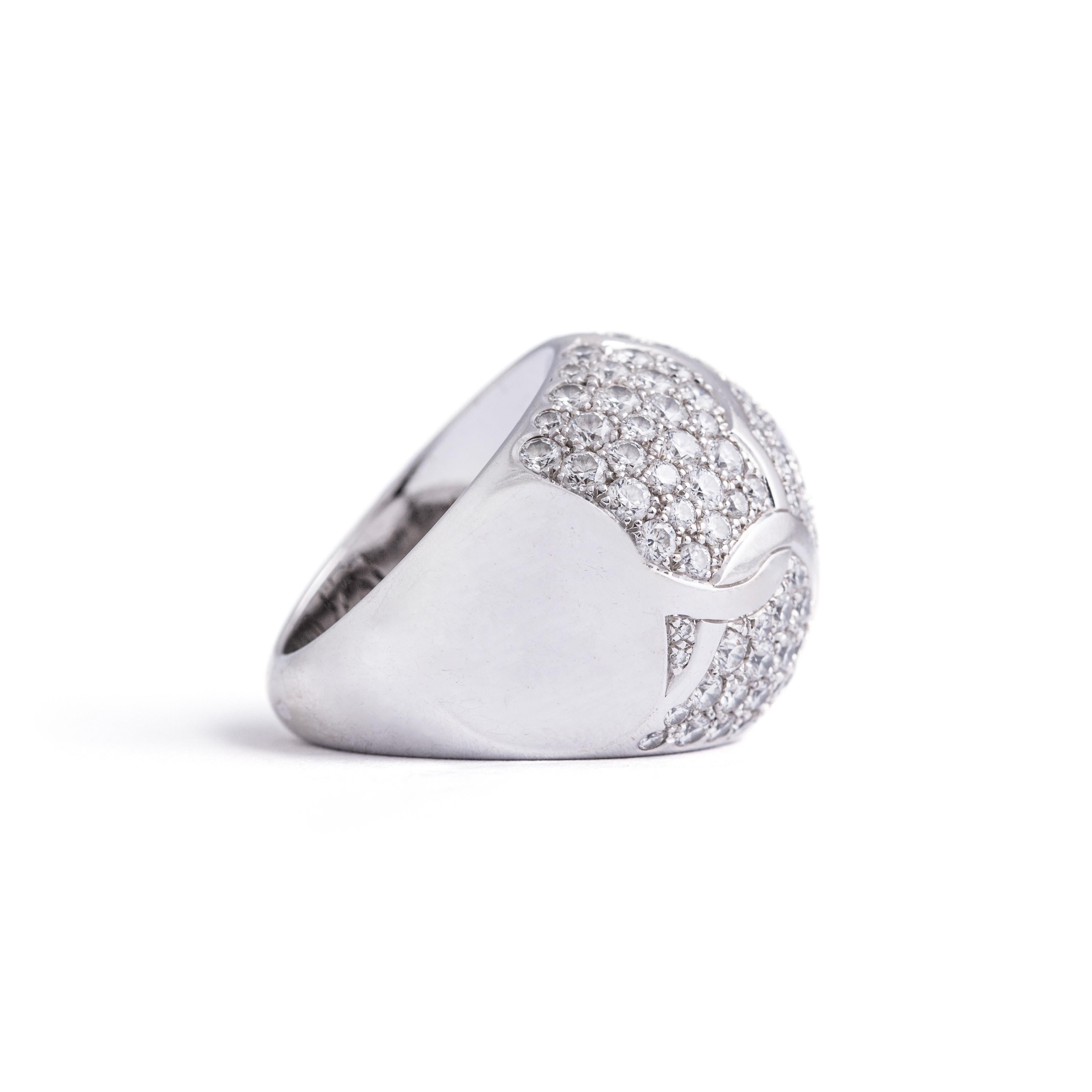 Round Cut Chanel Dome Camelia Diamond 18K White Gold Ring For Sale