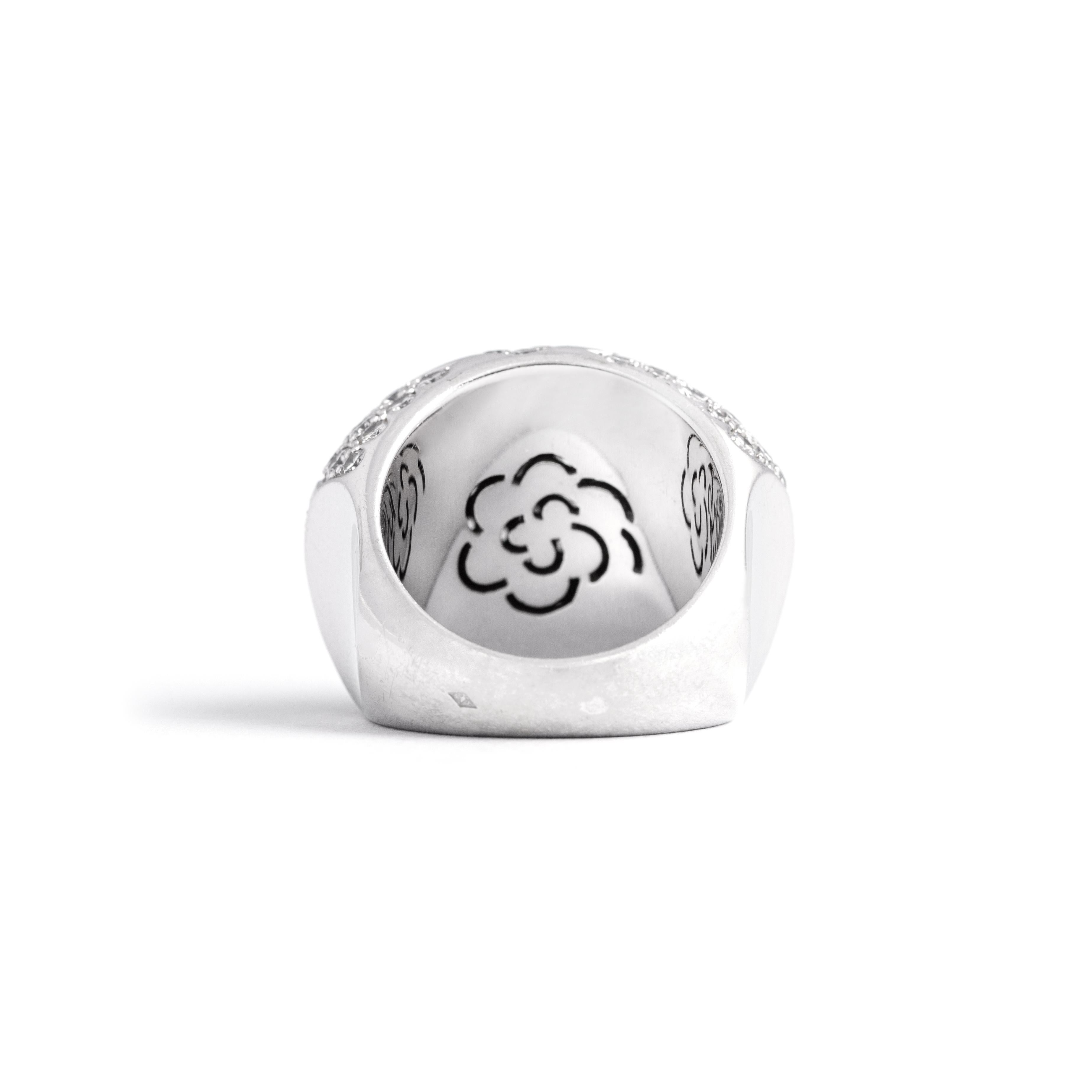 Chanel Dome Camelia Diamond 18K White Gold Ring In Excellent Condition For Sale In Geneva, CH