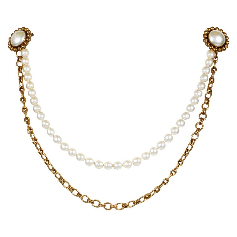 Chanel Doube Pearl Pins with Chain and Pearl Strand at 1stDibs