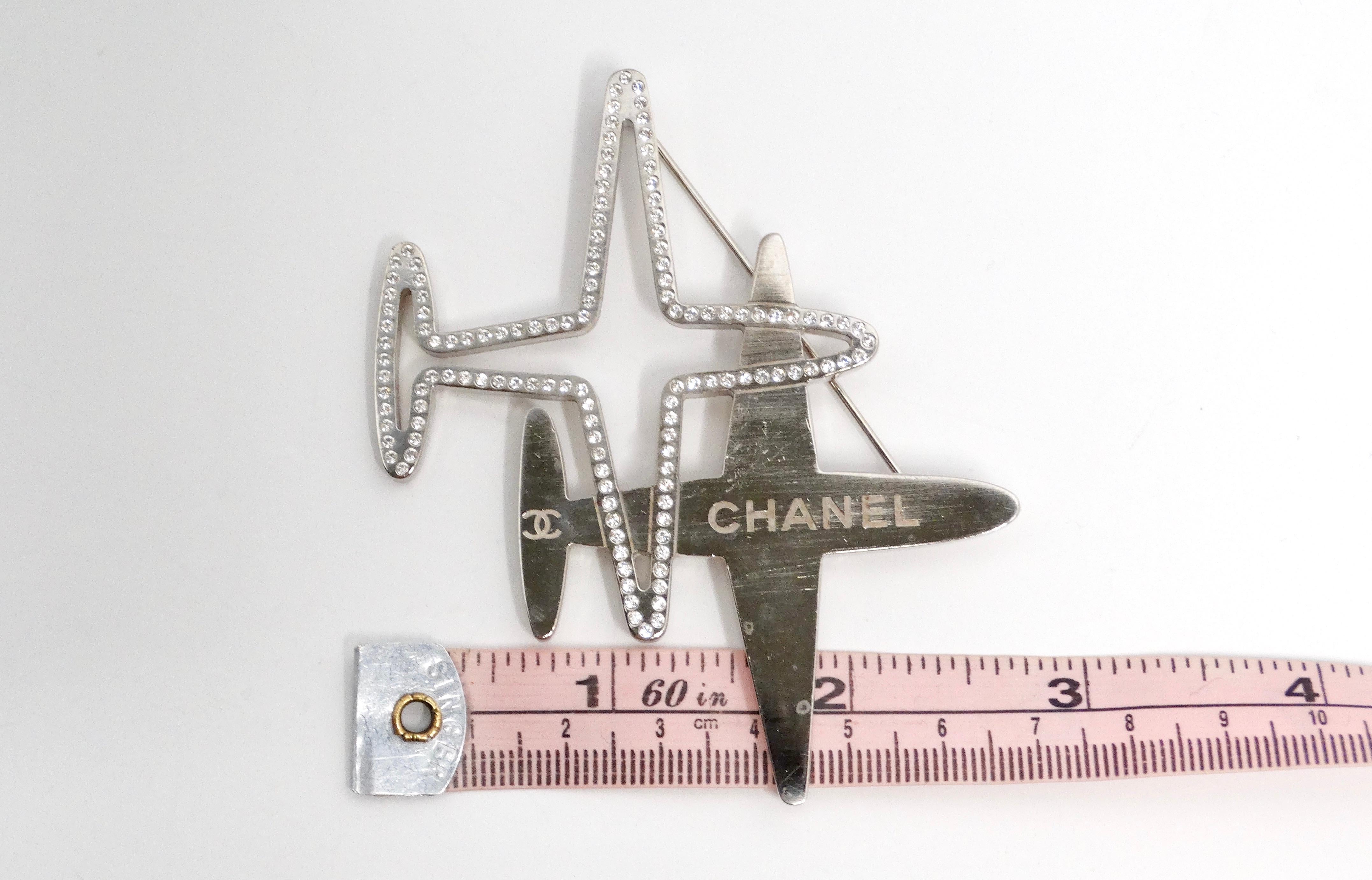 Chanel Double Airplane Kristall-Silber-Ton-Brosche Circa 2016 im Angebot 3