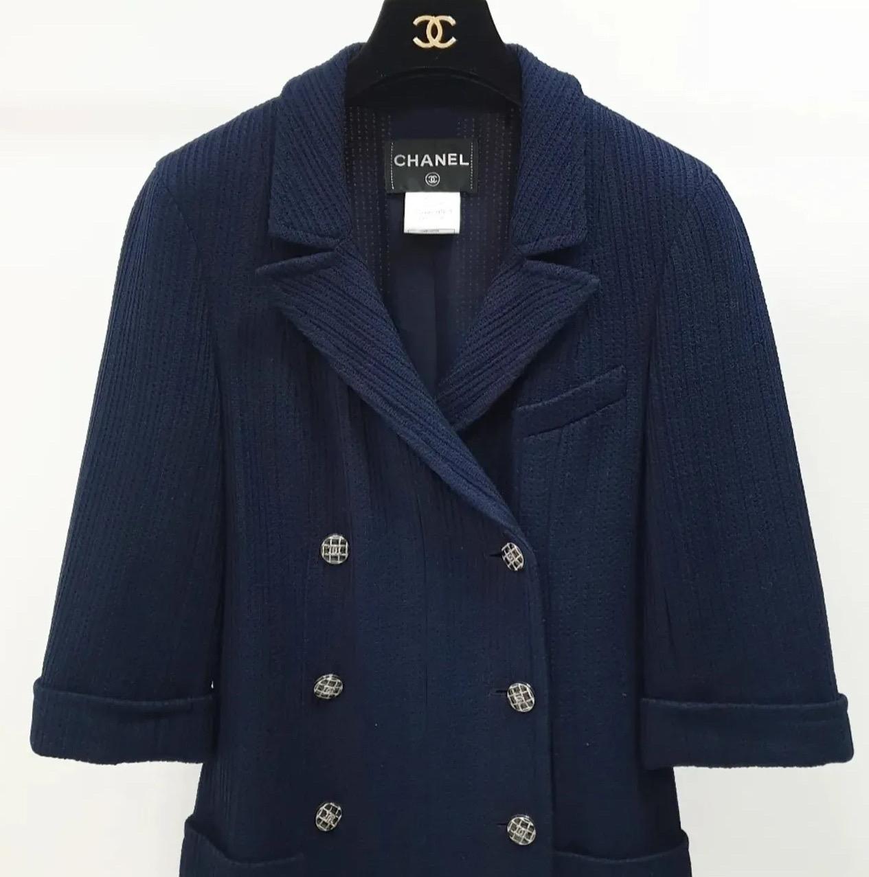 De las mujeres CHANEL Doble Pechera Suéter Blazer Azul Marino Chaqueta Blazer Sz.38 en venta