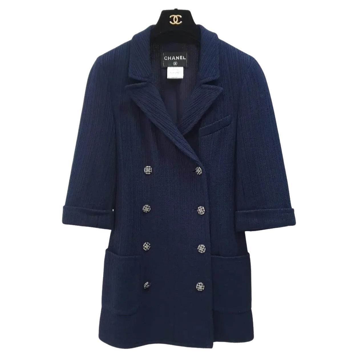 CHANEL Doble Pechera Suéter Blazer Azul Marino Chaqueta Blazer Sz.38 en venta