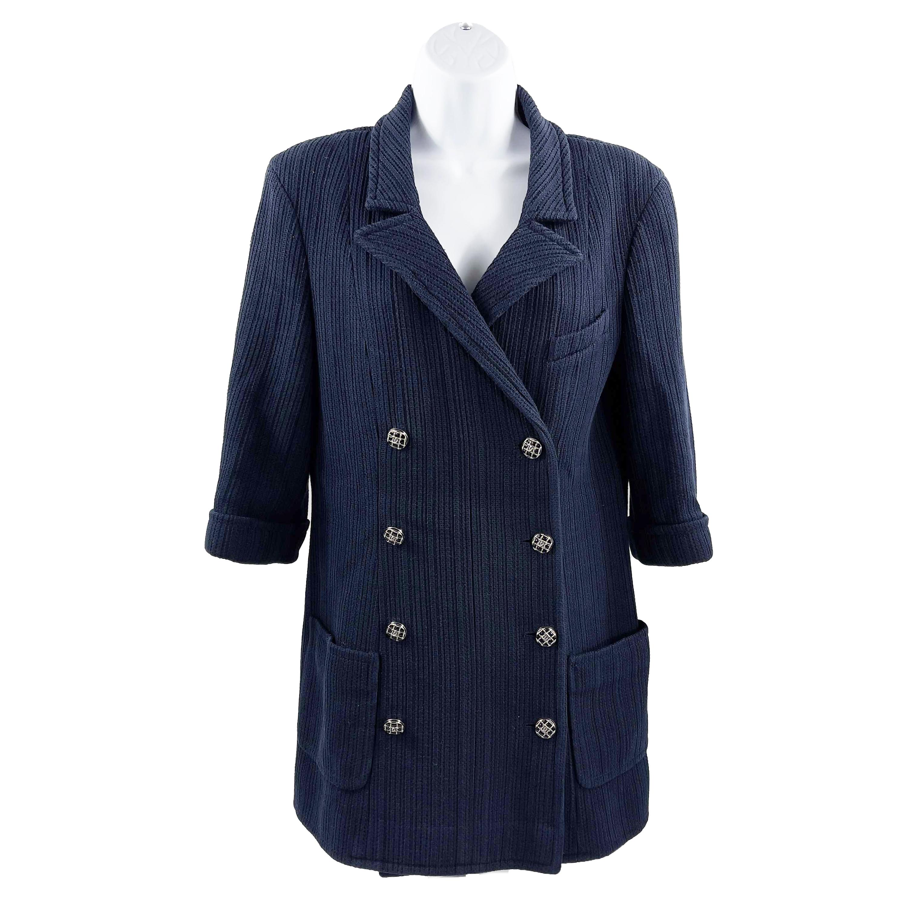 CHANEL Double Breasted Sweater Blazer Navy Blue / Silver FR 38 / US 6 5