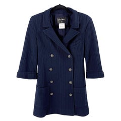 CHANEL Zweireihiger Pullover-Blazer in Marineblau / Silber FR 38 / US 6