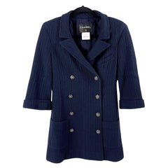 CHANEL - Double Breasted Sweater Blazer - Navy Blue / Silver - FR 38 / US 6