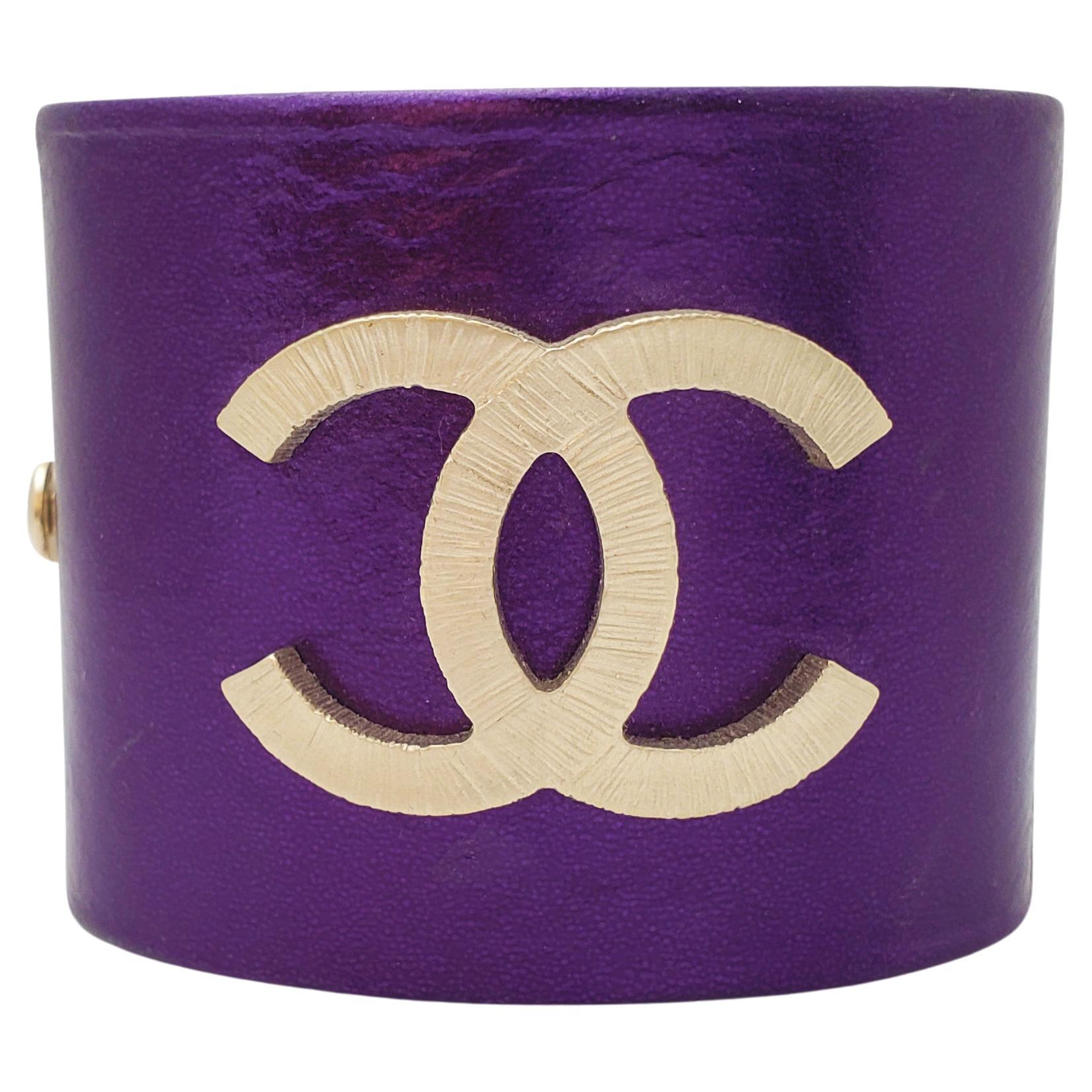 Chanel 'Double C' Purple Leather Hinged Cuff Bracelet