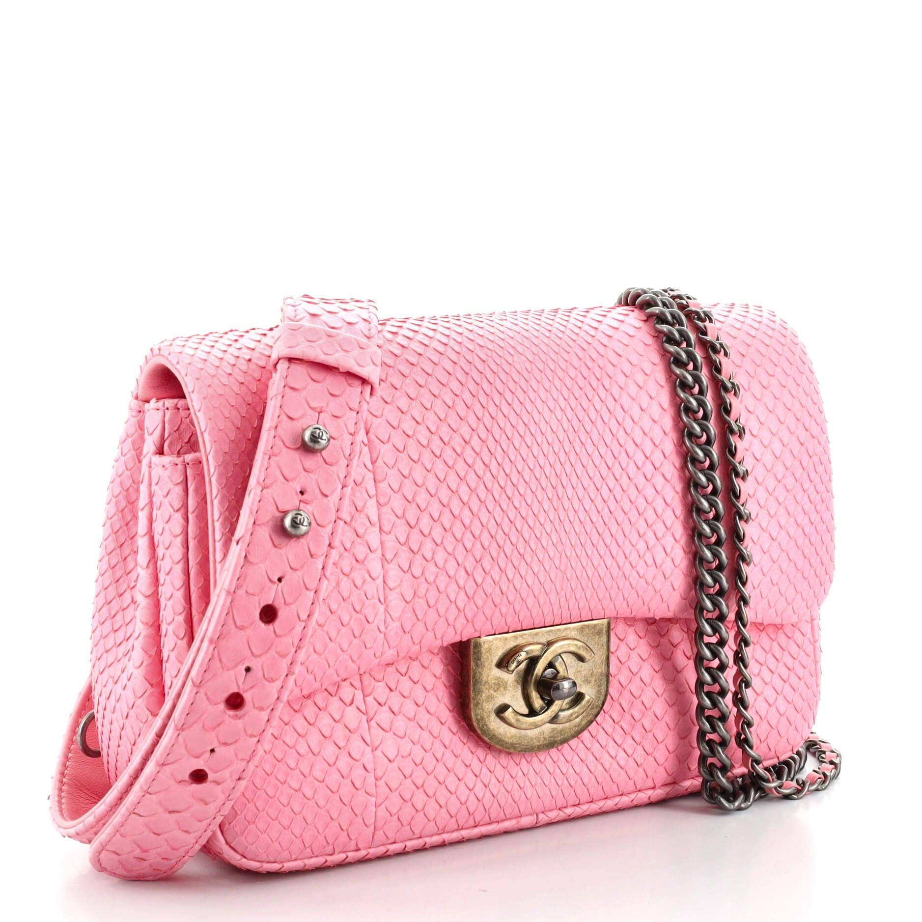 Pink Chanel Double Carry Chain Waist Bag Python Small