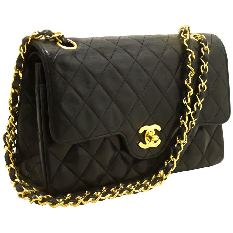 CHANEL Double Chain Flap Shoulder Bag Black Quilted Lambskin For Sale ...