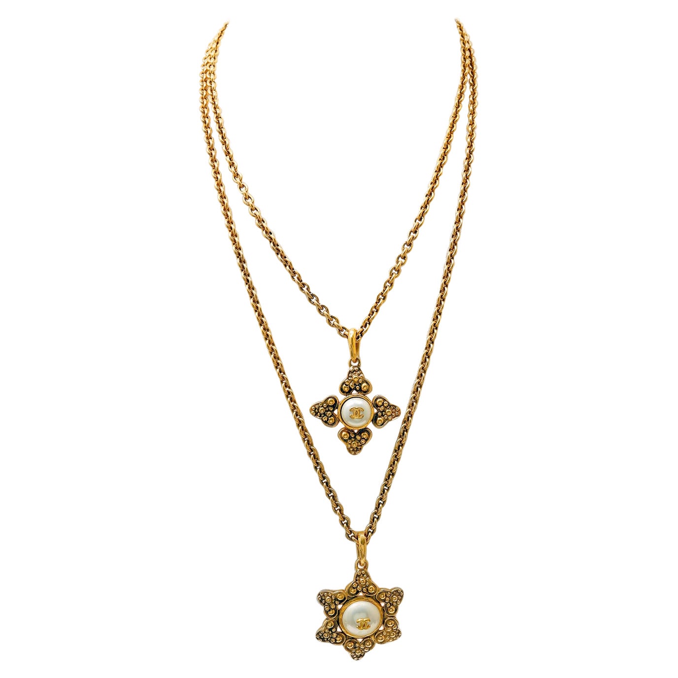 Chanel Double Chain Necklace with Pearl Medallions