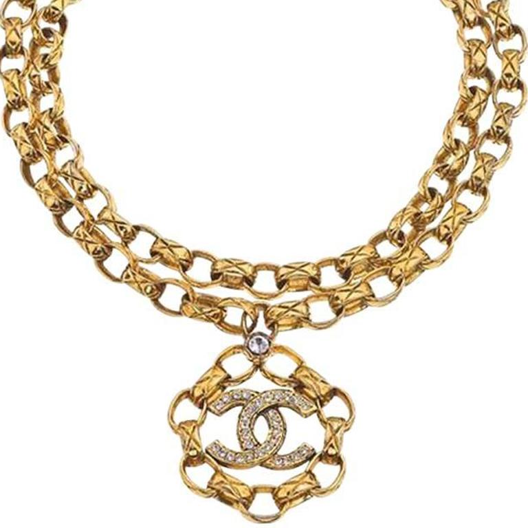 Chanel Double Chain Necklace With Rhinestones In Excellent Condition For Sale In Chicago, IL