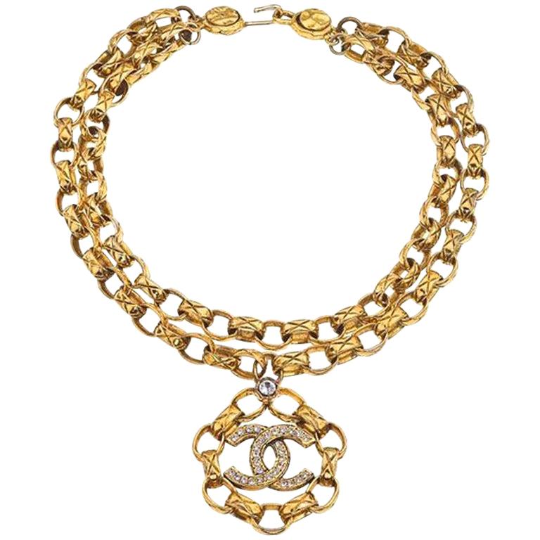 Chanel Double Chain Necklace With Rhinestones For Sale at 1stDibs