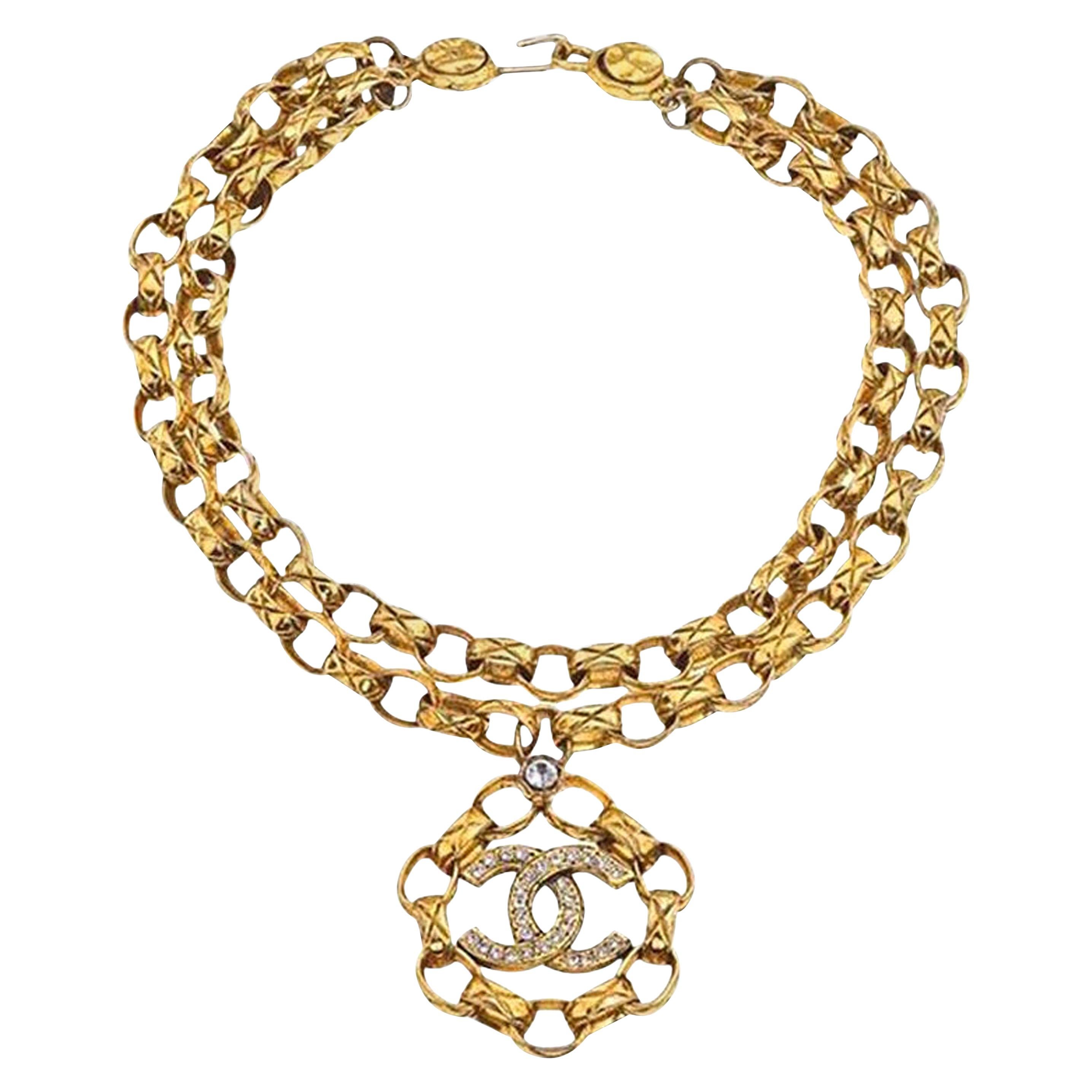 Chanel Double Chain Necklace With Rhinestones For Sale