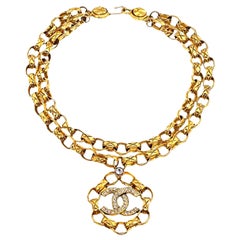 Vintage Chanel Double Chain Necklace With Rhinestones