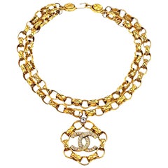 Vintage Chanel Double Chain Necklace With Rhinestones