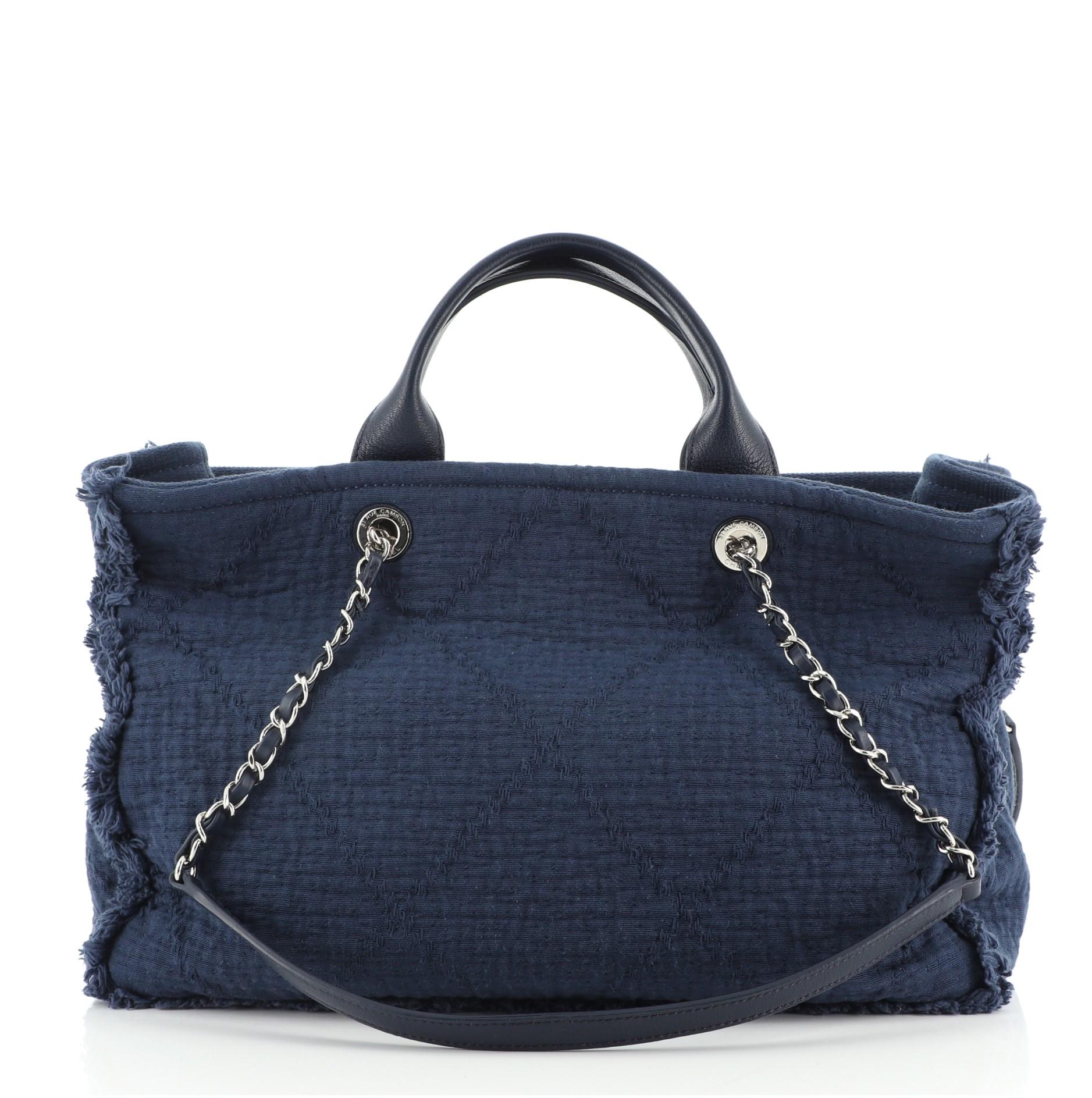 Chanel Double Face Deauville Tote Fransen Gestepptes Segeltuch Medium (Schwarz)