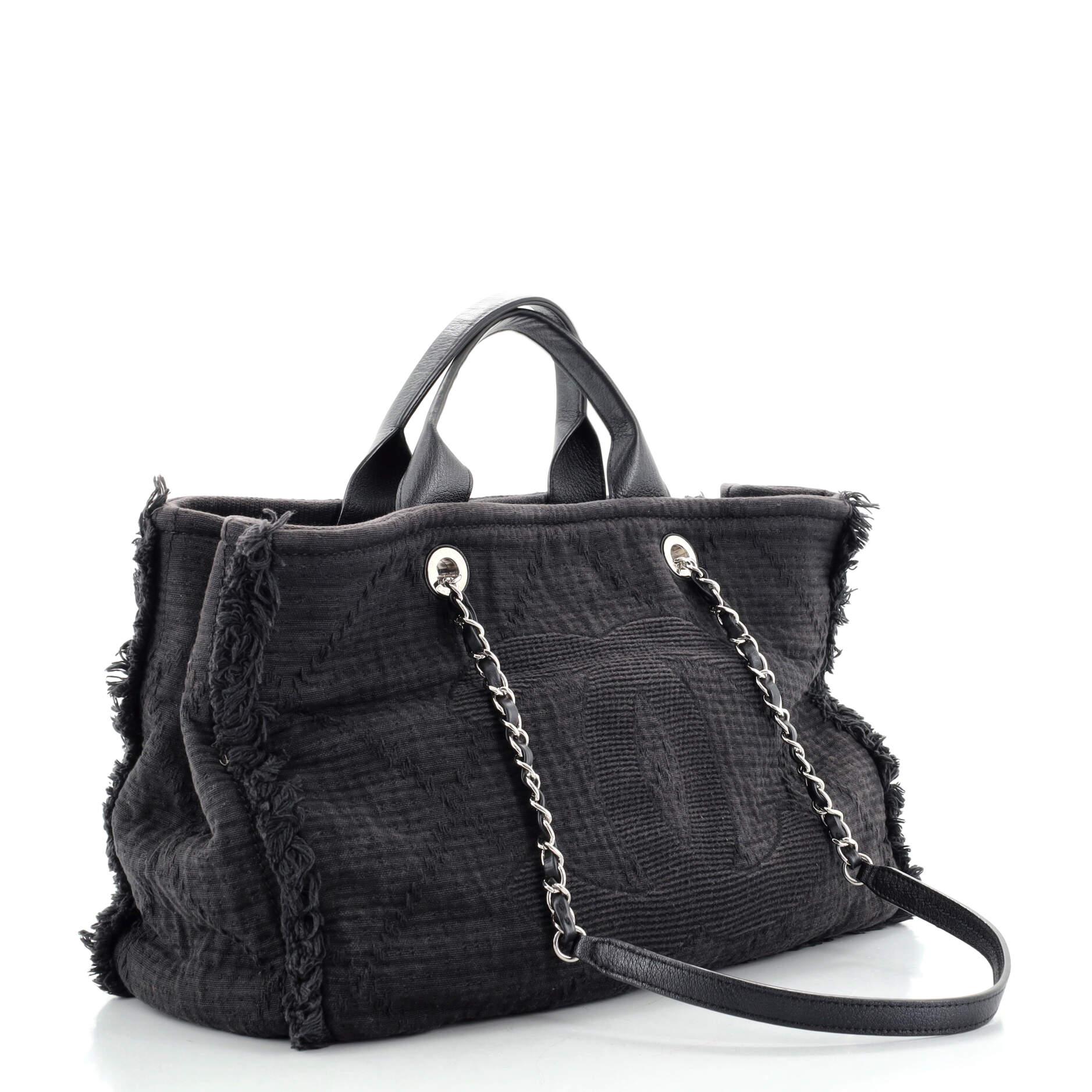 Chanel Double Face Deauville Tote Fransen Gestepptes Segeltuch Medium (Schwarz)