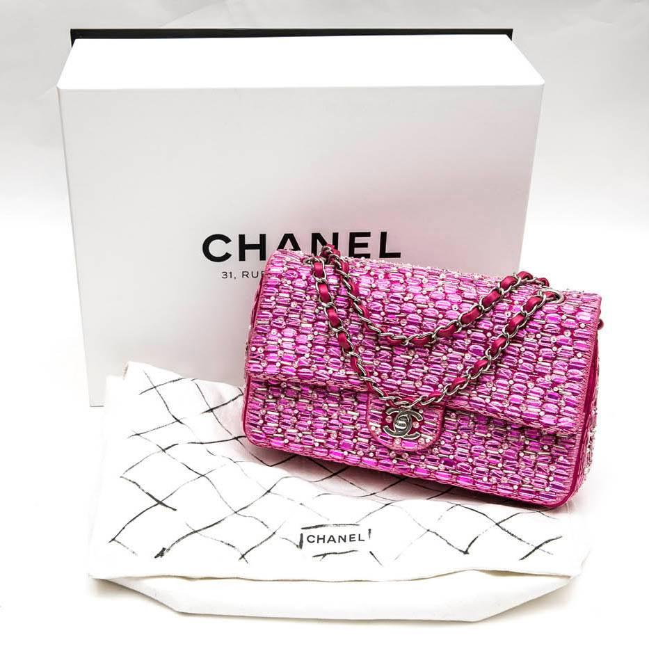 Pink Chanel Iridescent Fuchsia Smooth Lambskin and Embroidered Double Flap Bag