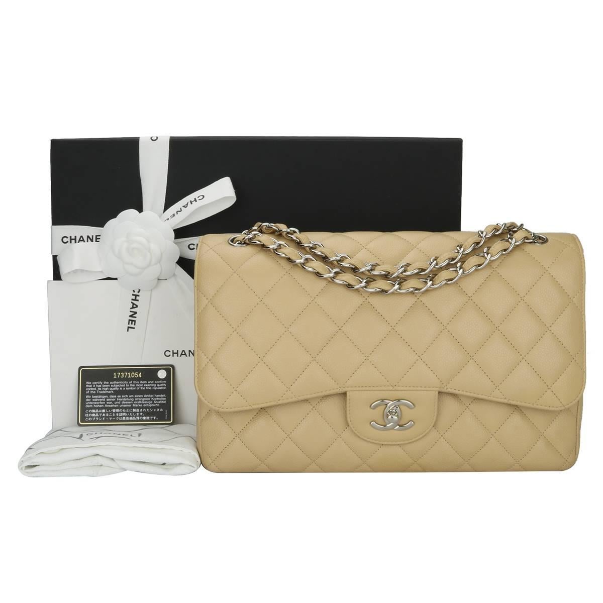 Authentic CHANEL Classic Double Flap Jumbo Bag Beige Clair Caviar with Silver Hardware 2013.

This stunning bag is in mint condition, the bag still holds the original shape and the hardware is still very shiny.

Exterior Condition: Mint condition,