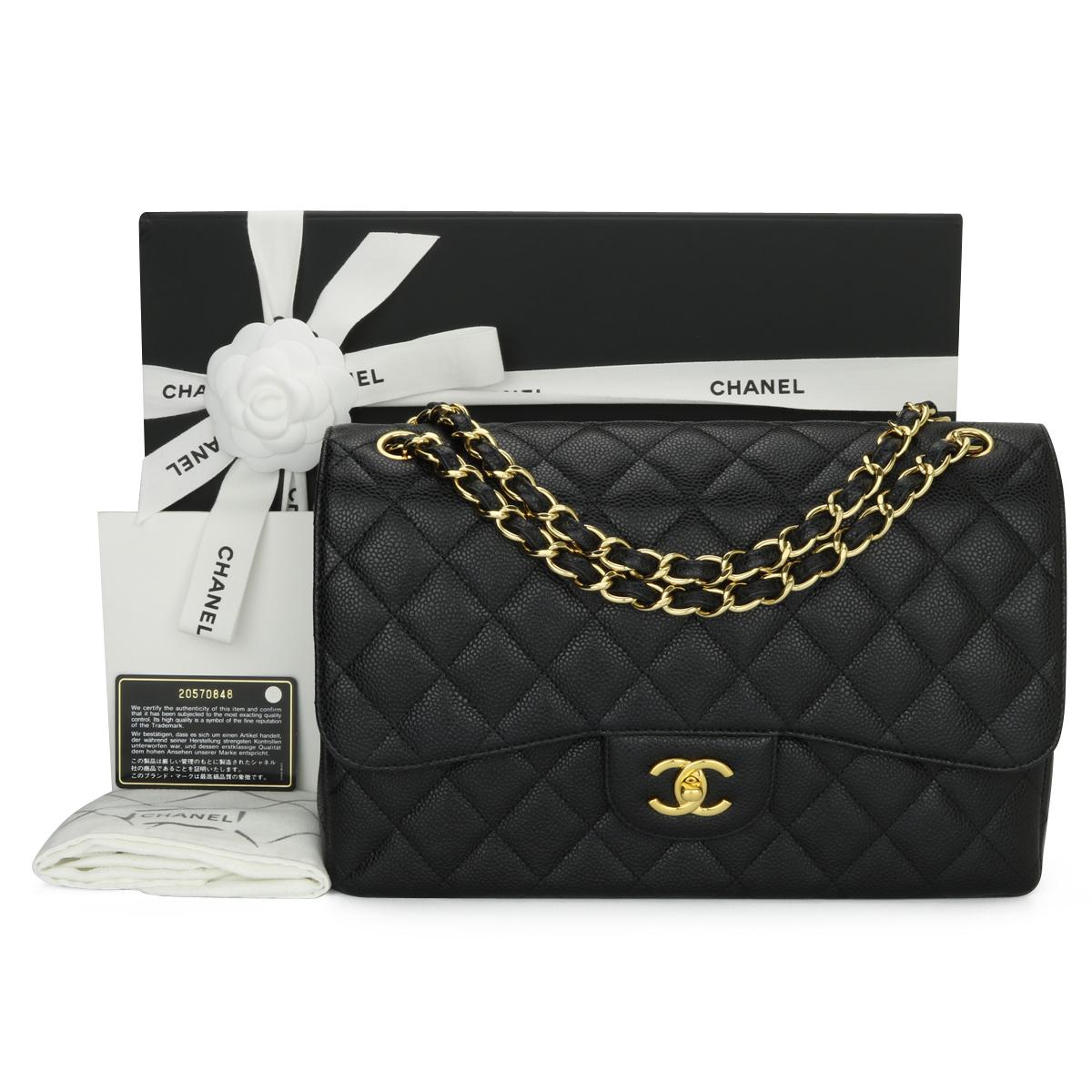 CHANEL Classic Double Flap Jumbo Bag Black Caviar with Gold Hardware 2015.

This stunning bag is in mint condition, the bag still holds its original shape, and the hardware is still very shiny.

- Exterior Condition: Mint condition. Corners show no