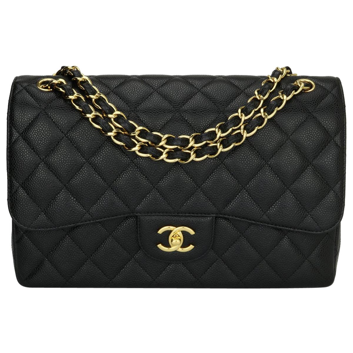 CHANEL Double Flap Jumbo Bag Black Caviar with Gold Hardware 2015