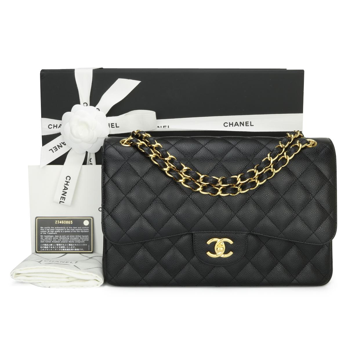 CHANEL Classic Double Flap Jumbo Bag Black Caviar with Gold Hardware 2016.

This stunning bag is in mint condition, the bag still holds its original shape, and the hardware is still very shiny.

- Exterior Condition: Mint condition. Corners show no