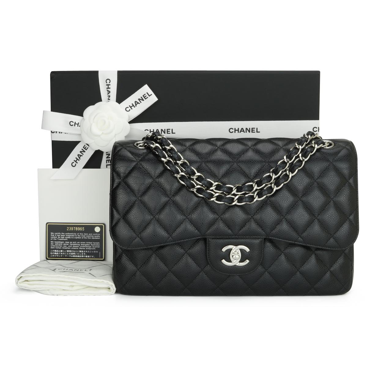 CHANEL Classic Double Flap Jumbo Bag Black Caviar with Silver Hardware 2017.

This stunning bag is in very good condition, the bag still holds its original shape, and the hardware is still very shiny. 

- Exterior Condition: Very good condition.