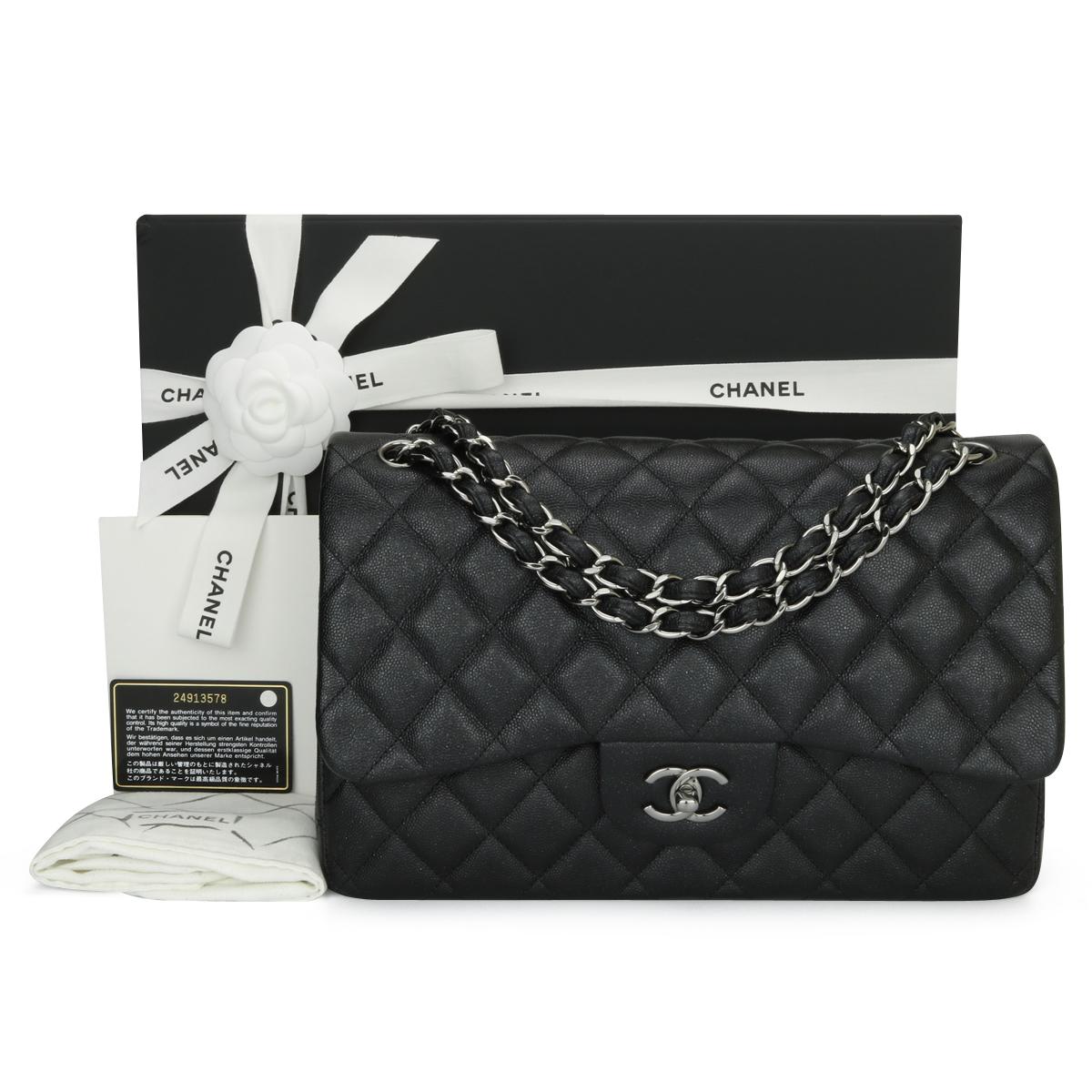 CHANEL Classic Double Flap Jumbo Bag Black Iridescent Caviar with Light Gunmetal Hardware 2018 Super Rare!

This stunning bag is in mint condition, the bag still holds its original shape, and the hardware is still very shiny.

- Exterior Condition:
