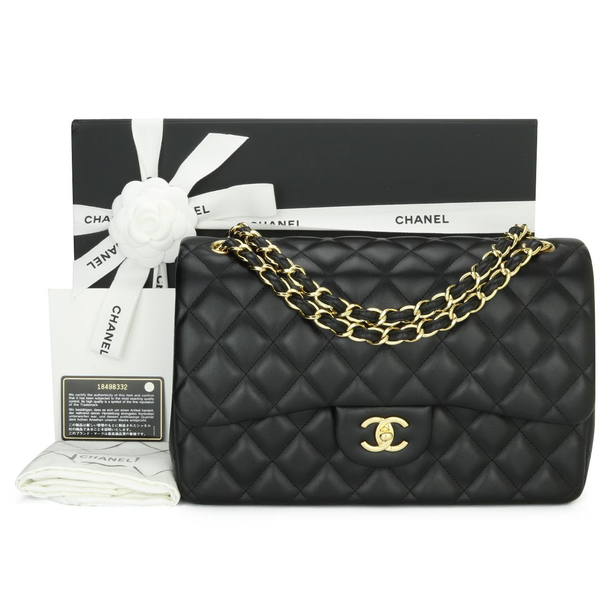 CHANEL Classic Double Flap Jumbo Bag Black Lambskin with Gold Hardware 2014.

This stunning bag is in excellent condition, the bag still holds its original shape, and the hardware is still very shiny. The leather smells fresh as if new.

- Exterior