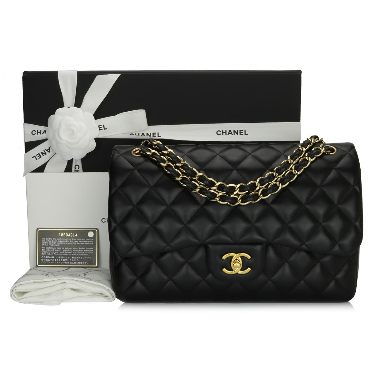 Authentic CHANEL Classic Jumbo Double Flap Black Lambskin with Gold Hardware 2014.

This stunning bag is in excellent condition, the bag still holds its shape very well, and the hardware is still very shiny.

Exterior Condition: Excellent condition,