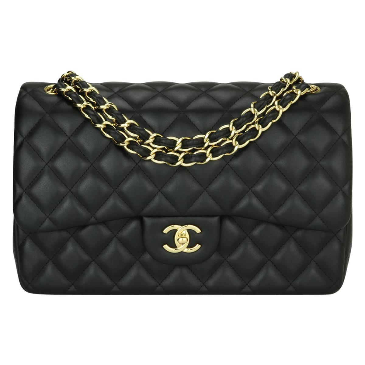 CHANEL Double Flap Jumbo Bag Black Lambskin with Gold Hardware 2014