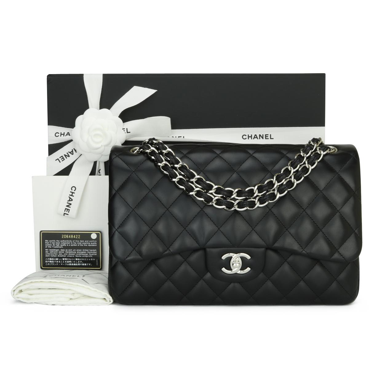 CHANEL Classic Double Flap Jumbo Bag Black Lambskin with Silver Hardware 2015.

This stunning bag is in excellent condition, the bag still holds its original shape, and the hardware is still very shiny. 

- Exterior Condition: Excellent condition.