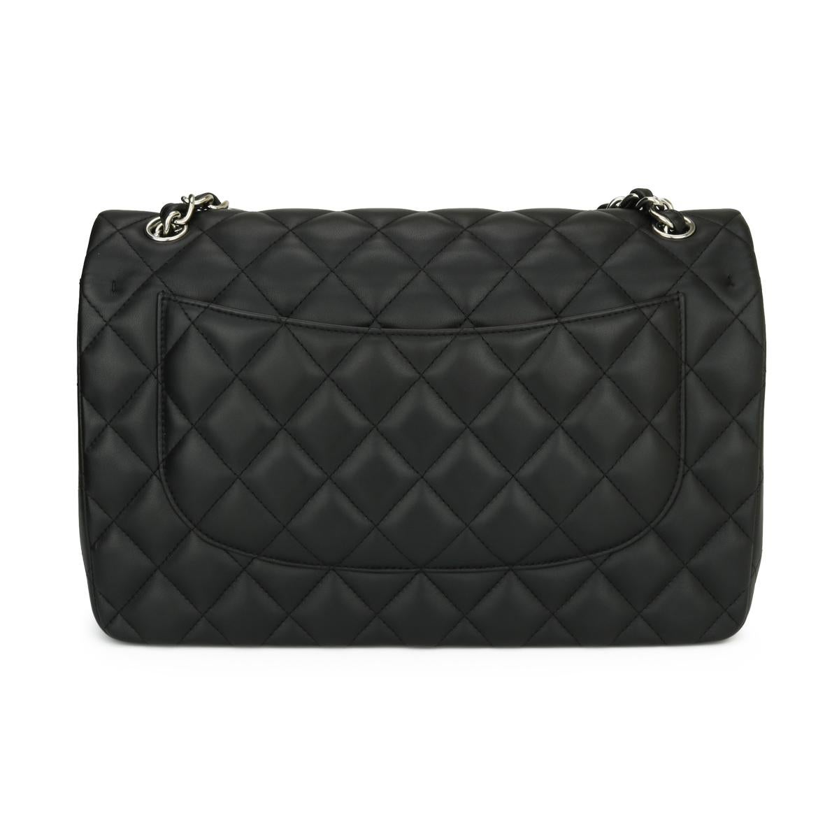 CHANEL Classic Double Flap Jumbo Bag Black Lambskin with Silver Hardware 2016.

This stunning bag is in excellent condition, the bag still holds its original shape, and the hardware is still very shiny.

- Exterior Condition: Excellent condition.