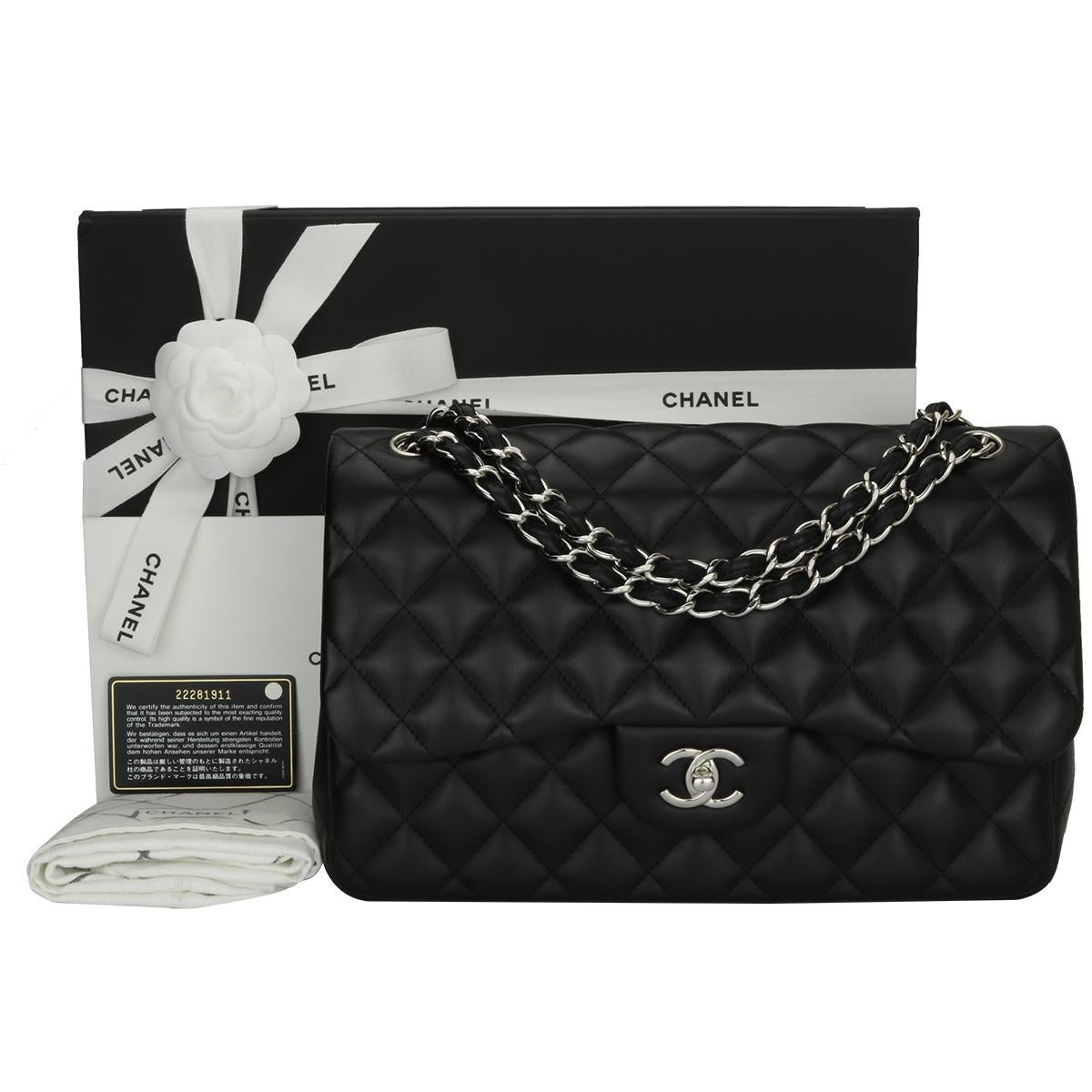 Authentic CHANEL Classic Jumbo Double Flap Black Lambskin with Silver Hardware 2016.

This stunning bag is in excellent condition, the bag still holds its original shape, and the hardware is still very shiny.

Exterior Condition: Excellent