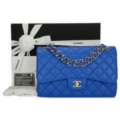 CHANEL Double Flap Jumbo Bag Blue Lambskin with Light Gold Hardware 2016