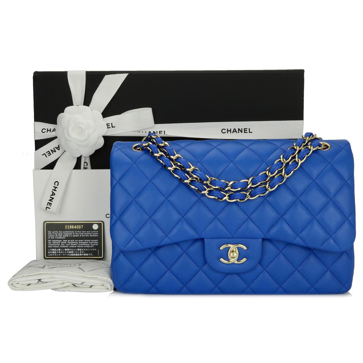 Authentic CHANEL Classic Double Flap Jumbo Bag Blue Lambskin with Light Gold Hardware 2016.

This stunning bag is in a brand new condition, the bag still holds its original shape, and the hardware is still very shiny. The leather smells fresh as if