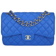 CHANEL Double Flap Jumbo Bag Blaues Lammleder mit hellgoldener Hardware 2016