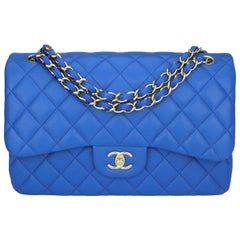 CHANEL Double Flap Jumbo Bag Blue Lambskin with Light Gold Hardware 2016