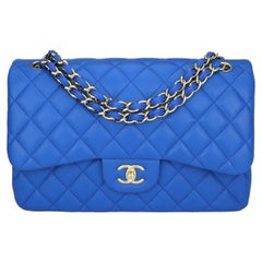 CHANEL Double Flap Jumbo Bag Blue Lambskin with Light Gold Hardware 2016